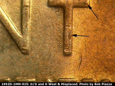 Die-stage B marker on 1952D•1MM•015 (1952 Repunched Mint Mark).
