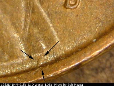 Die-stage C marker on 1952D•1MM•015 (1952 Repunched Mint Mark).