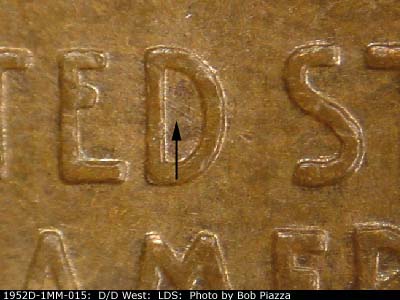 Die-stage C marker on 1952D•1MM•015 (1952 Repunched Mint Mark).
