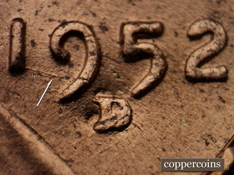 1952 Lincoln cent obverse, CopperCoins die 1952D•1MM•016.