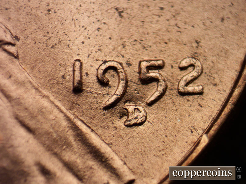 Die-stage B marker on 1952D•1MM•016 (1952 Repunched Mint Mark).
