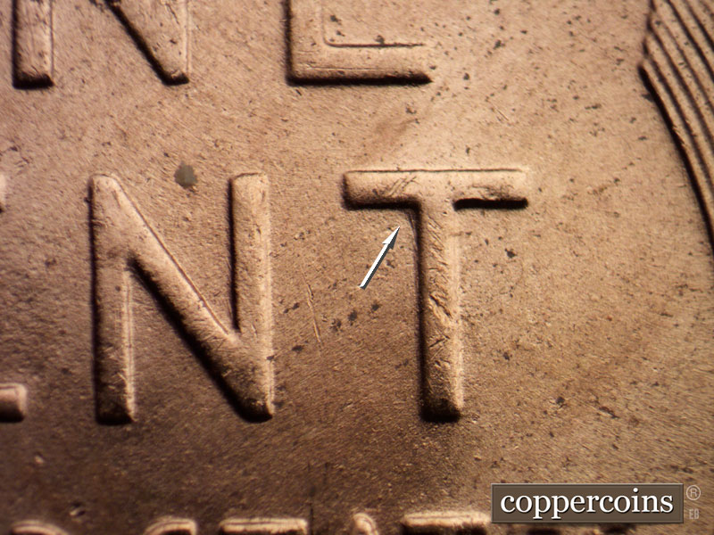 Die-stage B marker on 1952D•1MM•016 (1952 Repunched Mint Mark).