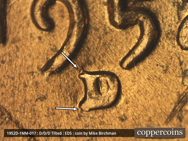 Die-stage A marker on 1952D•1MM•017 (1952 Repunched Mint Mark).