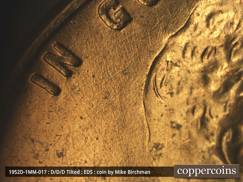 Die-stage A marker on 1952D•1MM•017 (1952 Repunched Mint Mark).