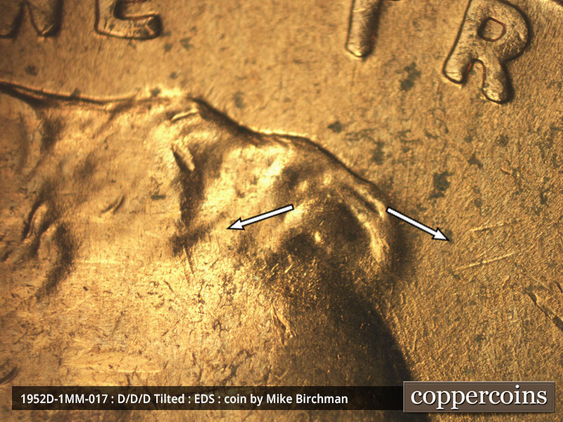 Die-stage A marker on 1952D•1MM•017 (1952 Repunched Mint Mark).