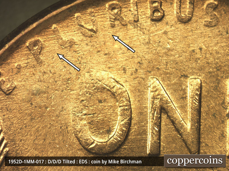 Die-stage A marker on 1952D•1MM•017 (1952 Repunched Mint Mark).