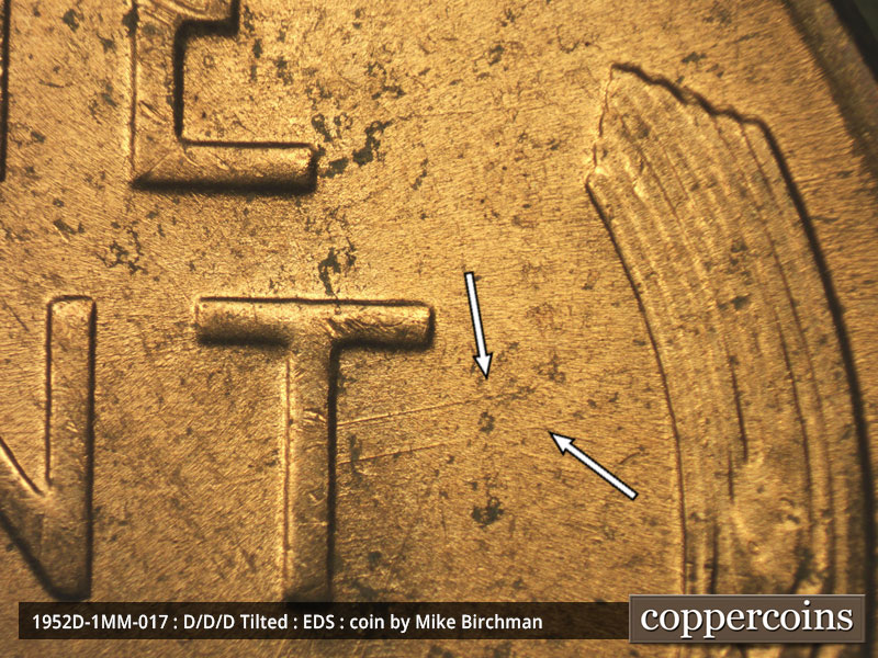 Die-stage A marker on 1952D•1MM•017 (1952 Repunched Mint Mark).