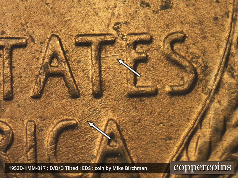 Die-stage A marker on 1952D•1MM•017 (1952 Repunched Mint Mark).