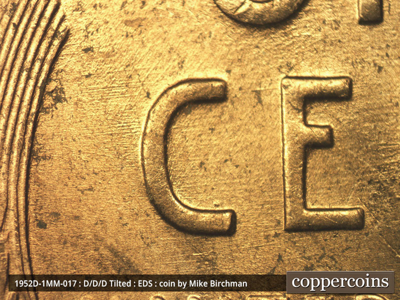 Die-stage A marker on 1952D•1MM•017 (1952 Repunched Mint Mark).