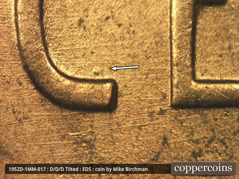 Die-stage A marker on 1952D•1MM•017 (1952 Repunched Mint Mark).
