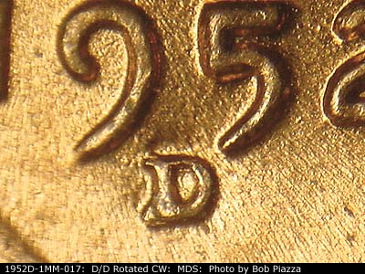 1952 Lincoln cent obverse, CopperCoins die 1952D•1MM•017.
