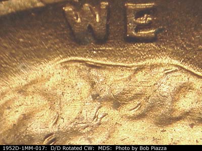 Die-stage B marker on 1952D•1MM•017 (1952 Repunched Mint Mark).
