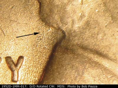 Die-stage B marker on 1952D•1MM•017 (1952 Repunched Mint Mark).