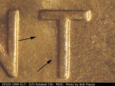 Die-stage B marker on 1952D•1MM•017 (1952 Repunched Mint Mark).