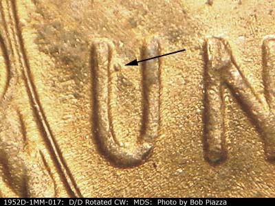 Die-stage B marker on 1952D•1MM•017 (1952 Repunched Mint Mark).