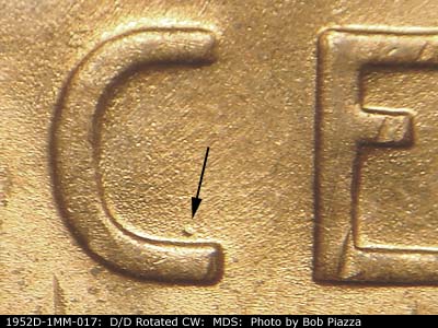 Die-stage B marker on 1952D•1MM•017 (1952 Repunched Mint Mark).
