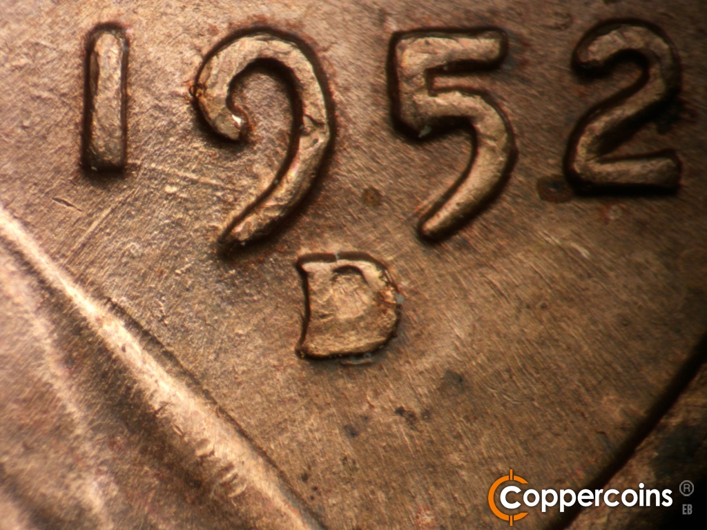Die-stage C marker on 1952D•1MM•018 showing Closeup of repunched mint mark.