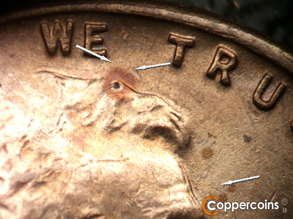 Die-stage C marker on 1952D•1MM•018 showing Prominent die scratches above the hair and east of E in WE. NE die scratch from tip of brow.