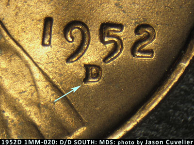 Die-stage B marker on 1952D•1MM•020 (1952 Repunched Mint Mark).