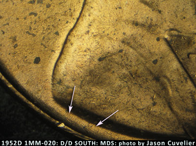Die-stage B marker on 1952D•1MM•020 (1952 Repunched Mint Mark).