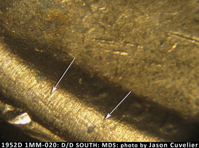 Die-stage B marker on 1952D•1MM•020 (1952 Repunched Mint Mark).