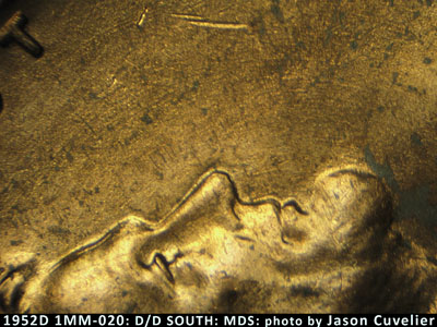 Die-stage B marker on 1952D•1MM•020 (1952 Repunched Mint Mark).
