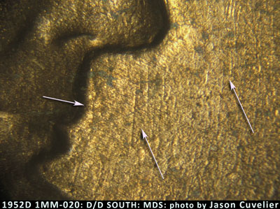 Die-stage B marker on 1952D•1MM•020 (1952 Repunched Mint Mark).