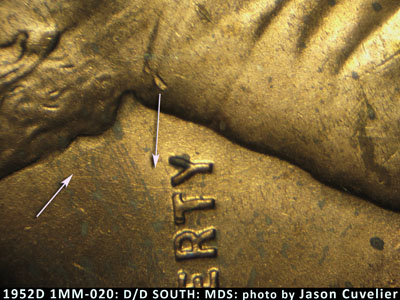 Die-stage B marker on 1952D•1MM•020 (1952 Repunched Mint Mark).