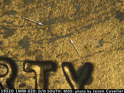 Die-stage B marker on 1952D•1MM•020 (1952 Repunched Mint Mark).
