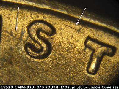Die-stage B marker on 1952D•1MM•020 (1952 Repunched Mint Mark).