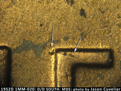 Die-stage B marker on 1952D•1MM•020 (1952 Repunched Mint Mark).