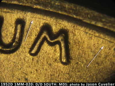 Die-stage B marker on 1952D•1MM•020 (1952 Repunched Mint Mark).