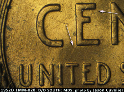 Die-stage B marker on 1952D•1MM•020 (1952 Repunched Mint Mark).