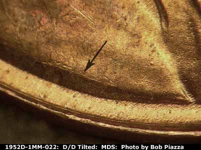 Die-stage B marker on 1952D•1MM•022 (1952 Repunched Mint Mark).