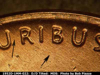 Die-stage B marker on 1952D•1MM•022 (1952 Repunched Mint Mark).