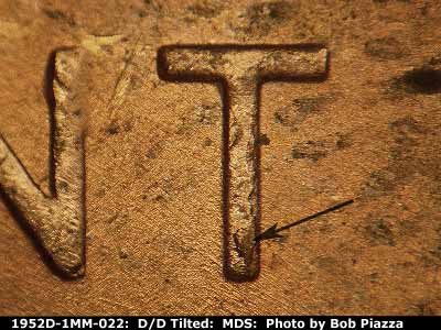 Die-stage B marker on 1952D•1MM•022 (1952 Repunched Mint Mark).