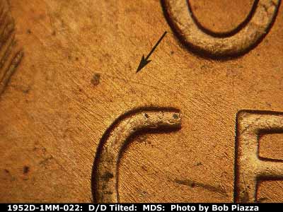 Die-stage B marker on 1952D•1MM•022 (1952 Repunched Mint Mark).
