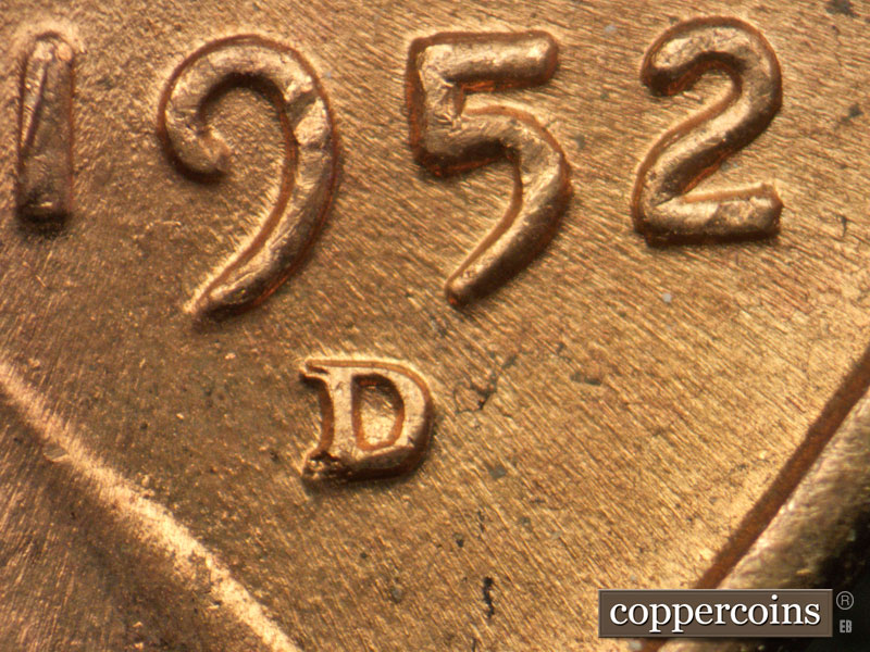 1952 Lincoln cent obverse, CopperCoins die 1952D•1MM•025.