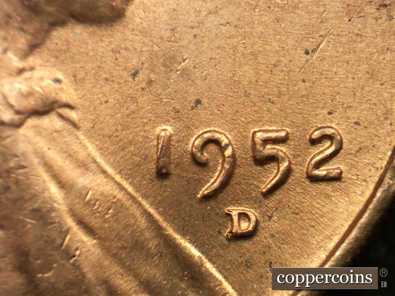 Die-stage B marker on 1952D•1MM•025 (1952 Repunched Mint Mark).