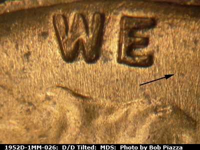 Die-stage B marker on 1952D•1MM•026 (1952 Repunched Mint Mark).