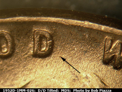 Die-stage B marker on 1952D•1MM•026 (1952 Repunched Mint Mark).