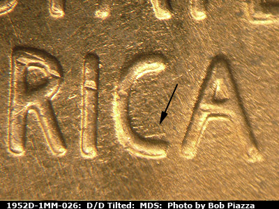 Die-stage B marker on 1952D•1MM•026 (1952 Repunched Mint Mark).