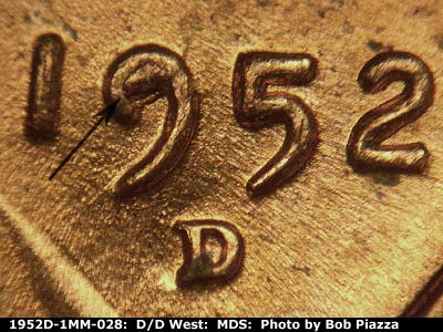 Die-stage B marker on 1952D•1MM•028 (1952 Repunched Mint Mark).