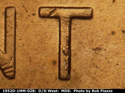 Die-stage B marker on 1952D•1MM•028 (1952 Repunched Mint Mark).