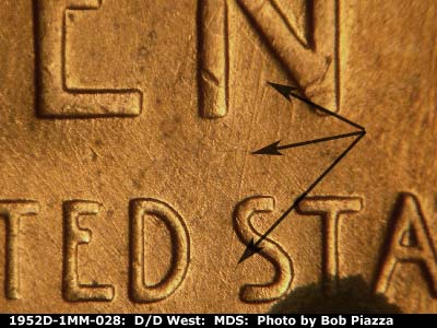 Die-stage B marker on 1952D•1MM•028 (1952 Repunched Mint Mark).