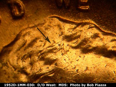 Die-stage B marker on 1952D•1MM•030 (1952 Repunched Mint Mark).