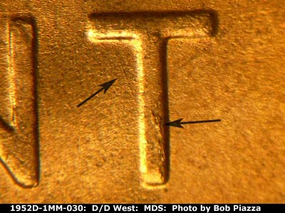 Die-stage B marker on 1952D•1MM•030 (1952 Repunched Mint Mark).