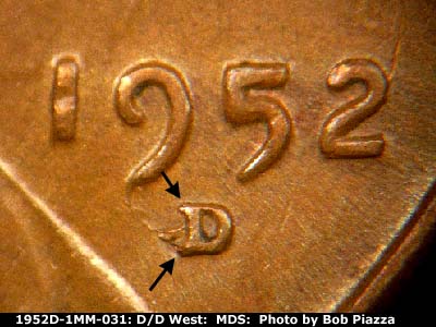 1952 Lincoln cent obverse, CopperCoins die 1952D•1MM•031.