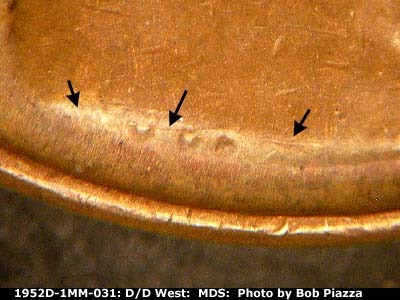 Die-stage B marker on 1952D•1MM•031 (1952 Repunched Mint Mark).