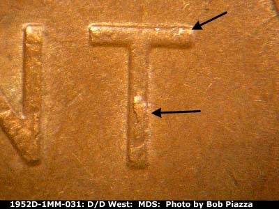Die-stage B marker on 1952D•1MM•031 (1952 Repunched Mint Mark).